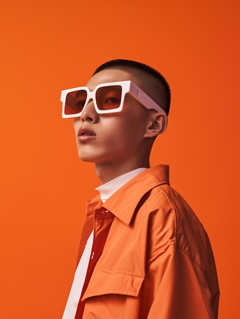 Retrato elegante de un hombre con gafas de sol de gran tamaño contra un fondo naranja IA generativa
