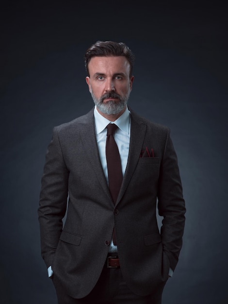 Retrato de un elegante hombre de negocios de alto nivel con barba y ropa informal de negocios en un estudio fotográfico aislado en un fondo oscuro gesticulando con las manos. foto de alta calidad