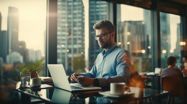 Retrato de un elegante hombre de negocios hispano trabaja en una computadora portátil hace análisis de datos y diseñador creativo