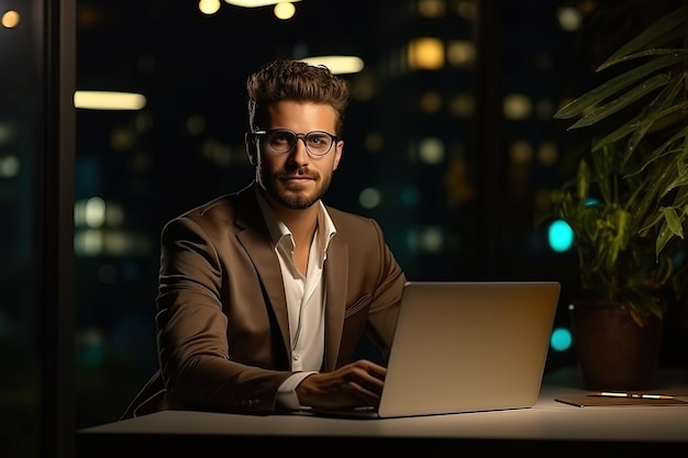 Retrato de un elegante hombre de negocios trabajando en una computadora portátil