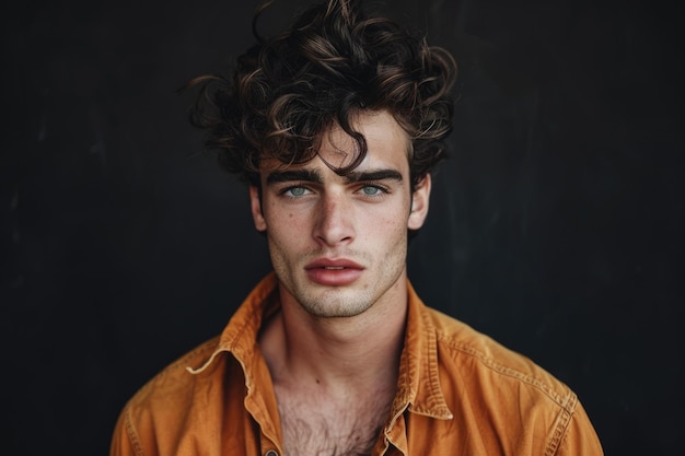 Retrato elegante de un joven guapo con el cabello rizado