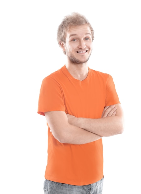 retrato, de, elegante, joven, en, un, naranja, shirt., aislado, blanco, plano de fondo