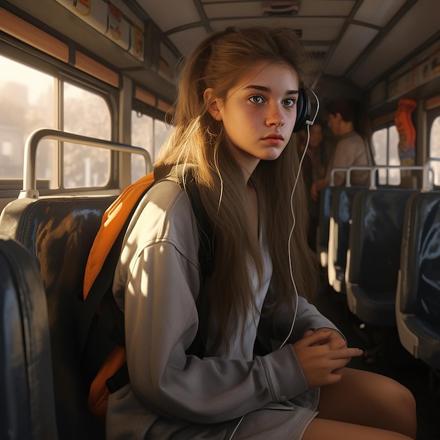 Retrato em 3D de uma menina em um ônibus escolar