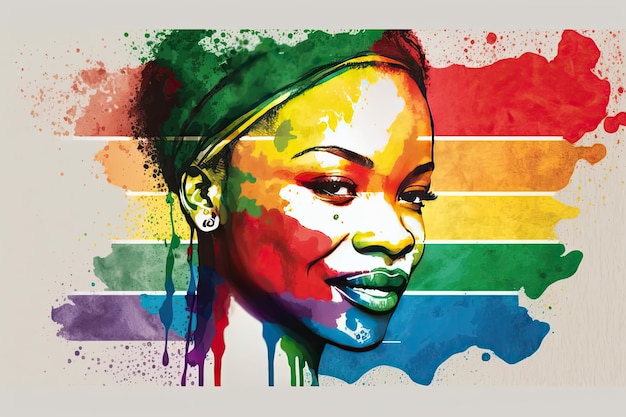 Retrato em aquarela abstrato de alegre lésbica africana com bandeira de arco-íris renderizada em um estilo minimalista Generative AI