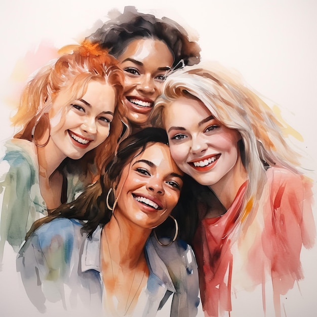 retrato em aquarela de grupo internacional de meninas sorridentes