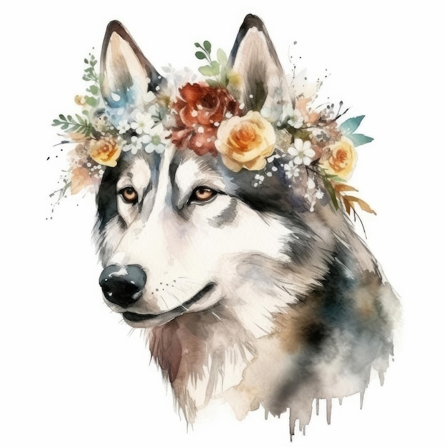Retrato em aquarela de um cachorro com uma coroa de flores