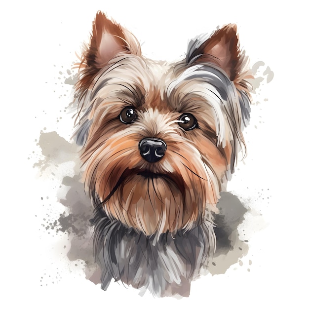 Retrato em aquarela de um cachorro yorkshire terrier.