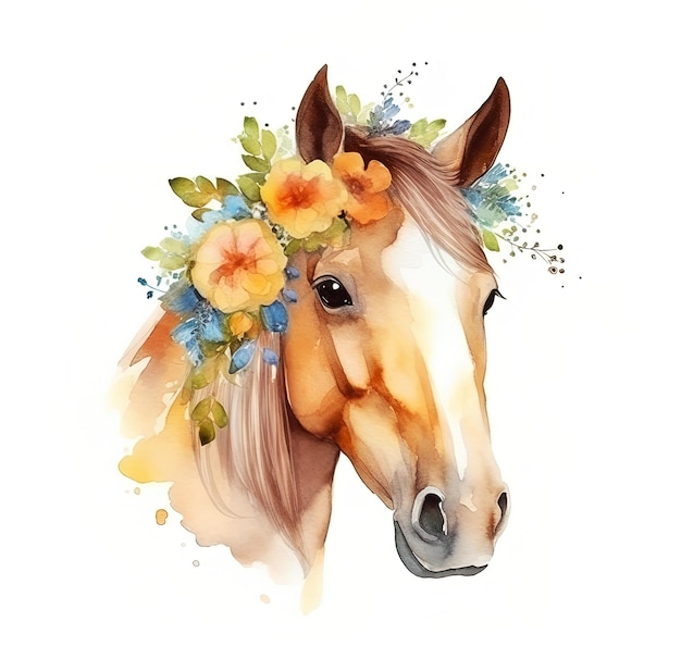 Retrato em aquarela de um cavalo com flores geradas ai