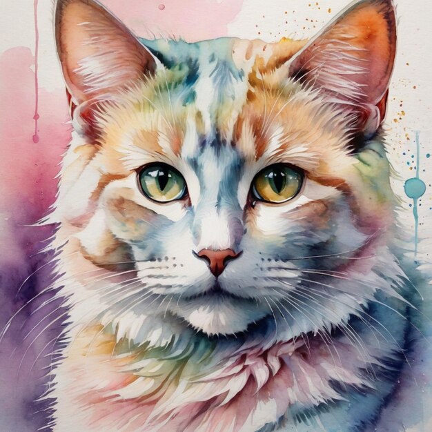 Retrato em aquarela de um gato em um fundo colorido Pintura digital