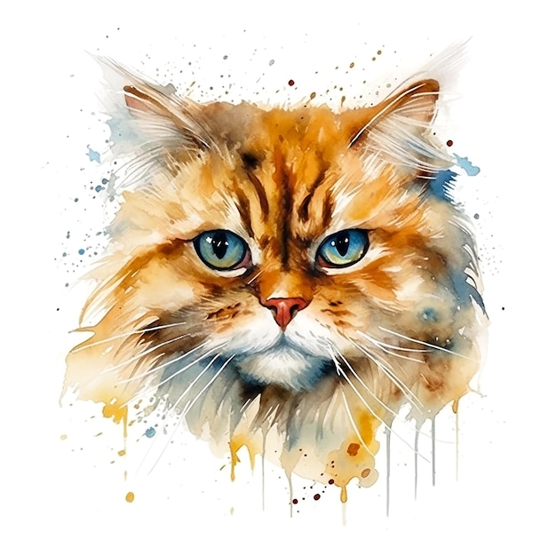 Retrato em aquarela de um gato vermelho com olhos azuis sobre um fundo branco