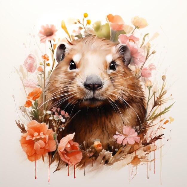 Retrato em aquarela de um hamster com flores em fundo branco