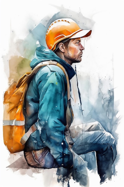 Retrato em aquarela de um trabalhador da construção civil pintura detalhada dia do trabalho gerado ai