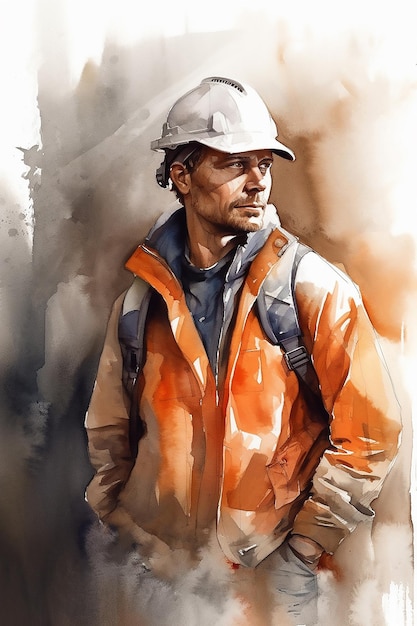 Retrato em aquarela de um trabalhador da construção civil pintura detalhada dia do trabalho gerado ai