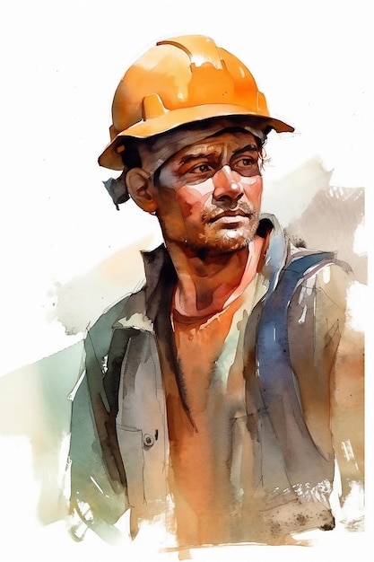 Retrato em aquarela de um trabalhador da construção civil pintura detalhada dia do trabalho gerado ai