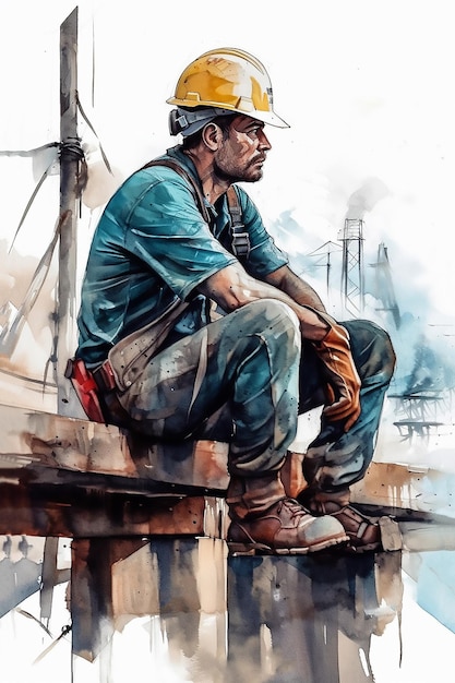 Retrato em aquarela de um trabalhador da construção civil pintura detalhada dia do trabalho gerado ai