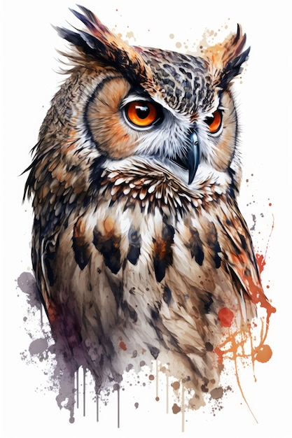 Retrato em aquarela de uma coruja com olhos laranja em um fundo branco Generative AI