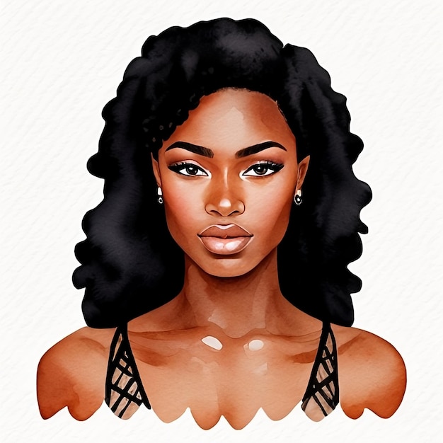 Retrato em aquarela de uma jovem e bonita mulher africana com cabelos encaracolados