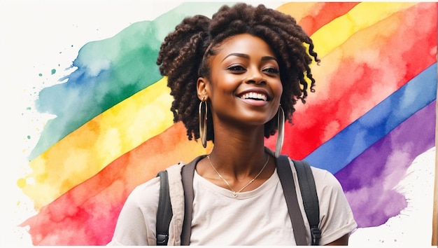 Retrato em aquarela de uma lésbica africana alegre com uma bandeira arco-íris