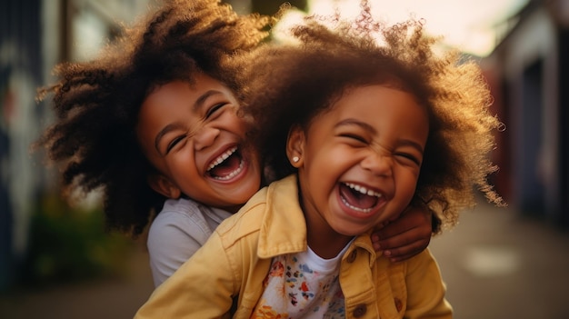 Foto retrato em close de duas meninas afro-americanas rindo e se divertindo ao ar livre