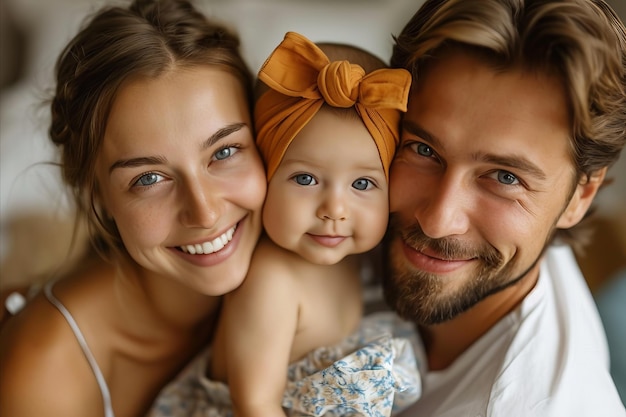 Foto retrato em close de jovens pais felizes com seu bebê em casa