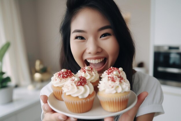 Retrato em close de mulher asiática mostra dois cupcakes perto do rosto e sorrisos gosta de doces gosta de comer