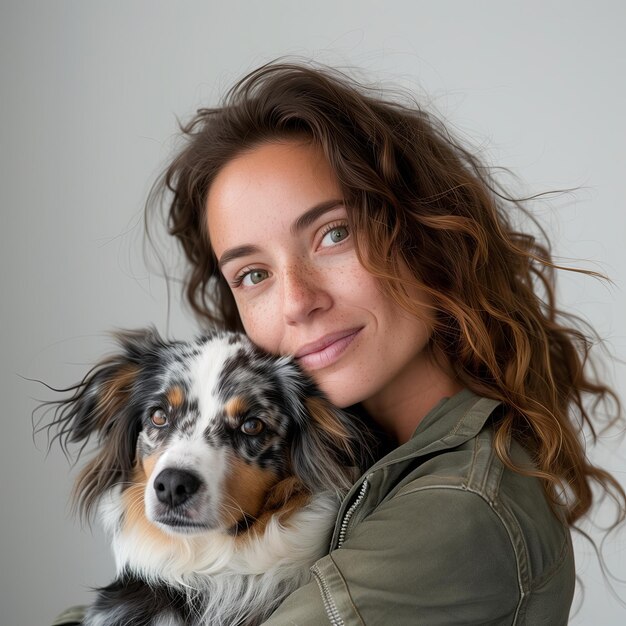 Foto retrato em close de mulher sorridente segurando um cachorro bonito