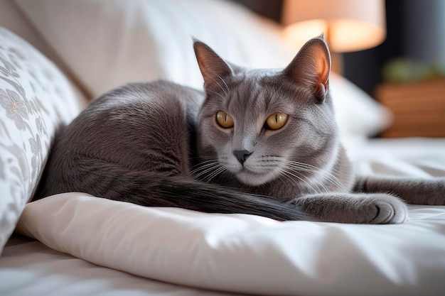 Retrato em close de um bonito gato de raça cinza dormindo em uma cama Olho suave e arejado Conceito de amor e cuidados com animais de estimação