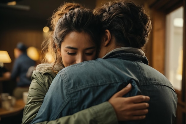 Foto retrato em close de um jovem casal hispânico feliz abraçando-se do lado de fora