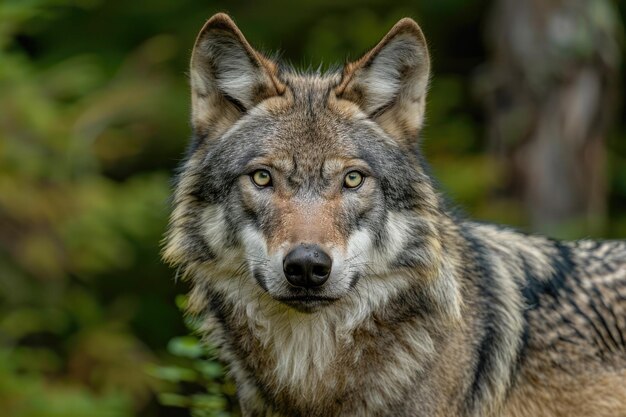 Retrato em close de um lobo madeireiro canadense na floresta de verão