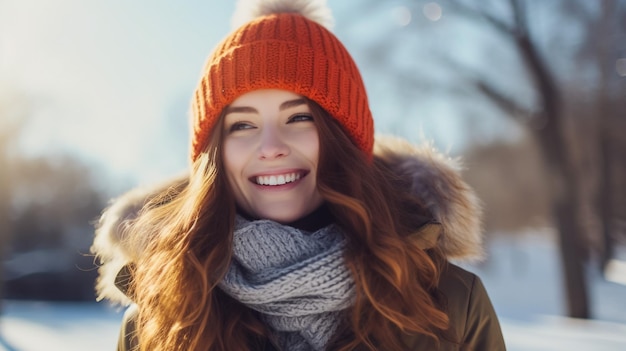 Retrato em close-up ao ar livre de uma jovem, linda e feliz, sorridente, vestindo um chapéu branco de tricô, lenço e luvas. Modelo posando na rua. Conceito de férias de inverno.