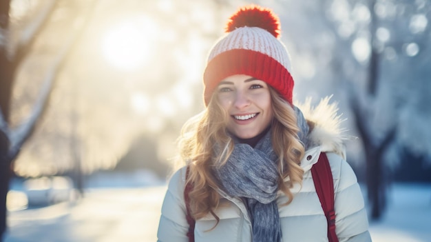 Retrato em close-up ao ar livre de uma jovem, linda e feliz, sorridente, vestindo um chapéu branco de tricô, lenço e luvas. Modelo posando na rua. Conceito de férias de inverno.