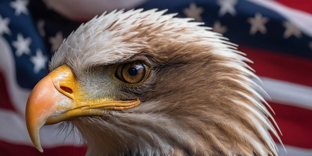 Retrato em close-up de águia careca americana com bandeira americana ao fundo