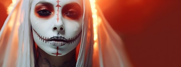 Foto retrato em close-up de calavera catrina jovem mulher com maquiagem de caveira de açúcar de halloween dia de los muertos dia dos mortos