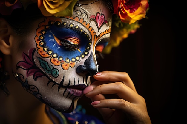 Retrato em close-up de calavera catrina jovem mulher com maquiagem de crânio de açúcar dia dos mortos