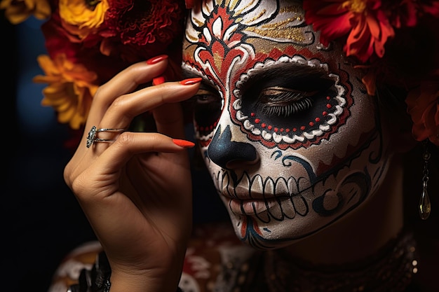 Retrato em close-up de calavera catrina jovem mulher com maquiagem de crânio de açúcar dia dos mortos