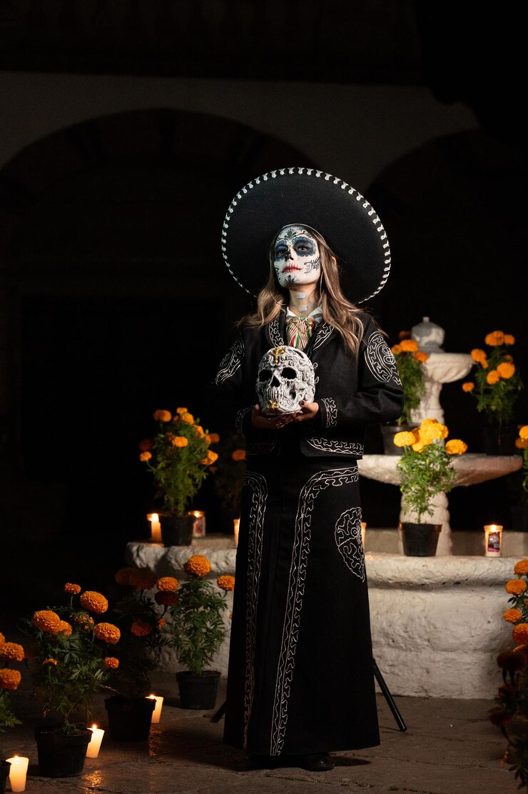 Retrato em close-up de Calavera Catrina Mulher jovem com maquiagem de crânio de açúcar Dia de los muertos Dia o