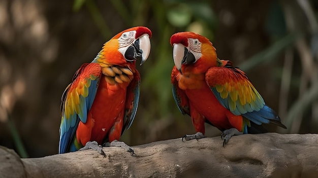 Retrato em close-up de dois papagaios Red Scarlet Macaw pássaro natureza borrado bokeh fundo