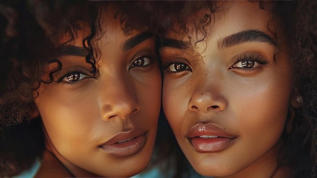 Retrato em close-up de duas belas mulheres afro-americanas irmãs gêmeas conceitos para irmãos da família