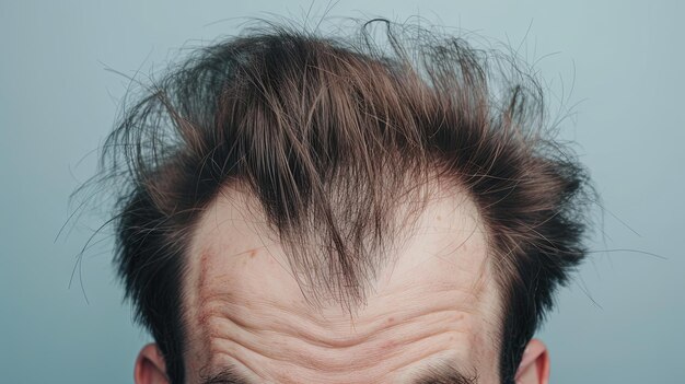 Foto retrato em close-up de homem caucasiano adulto com cabelo bagunçado contra fundo azul