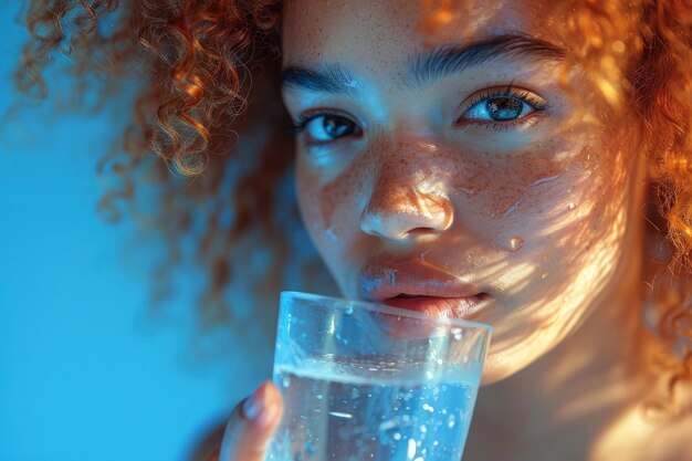 Foto retrato em close-up de jovem mulher bonita bebendo água