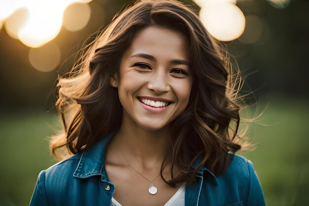 Retrato em close-up de jovem mulher morena bonita em vestido azul no parque de outono