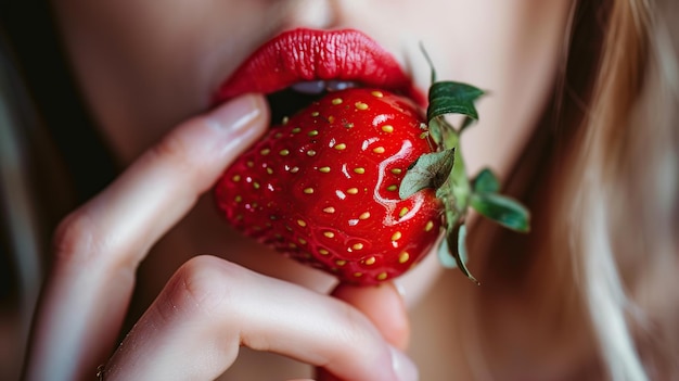 Foto retrato em close-up de lindos lábios femininos mordendo um morango