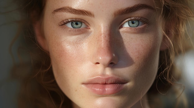 Retrato em close-up de modelo maquiagem pele de sardas luz natural conceito editorial de moda
