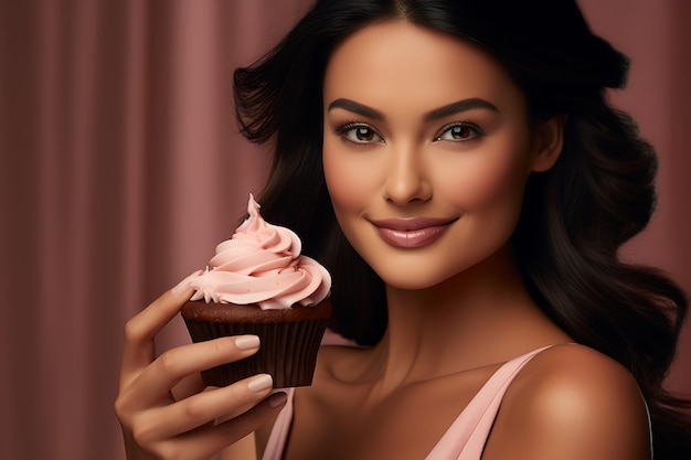 Retrato em close-up de mulher asiática com rosto sorridente pensativo segurando cupcake pensando em bolos de padaria