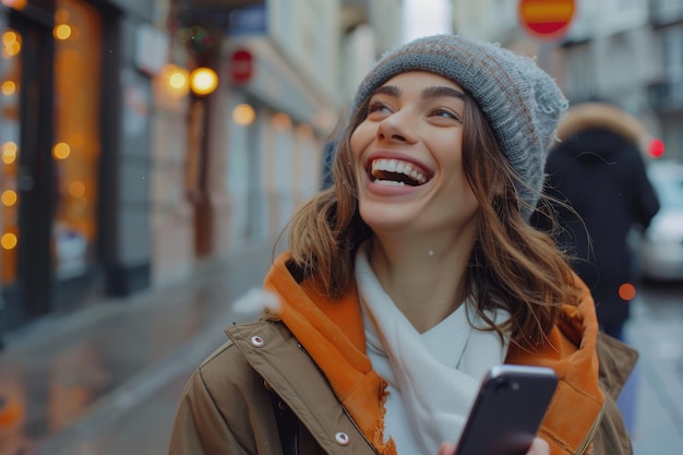Retrato em close-up de mulher atraente com telefone celular olhando para longe e rindo na rua da cidade