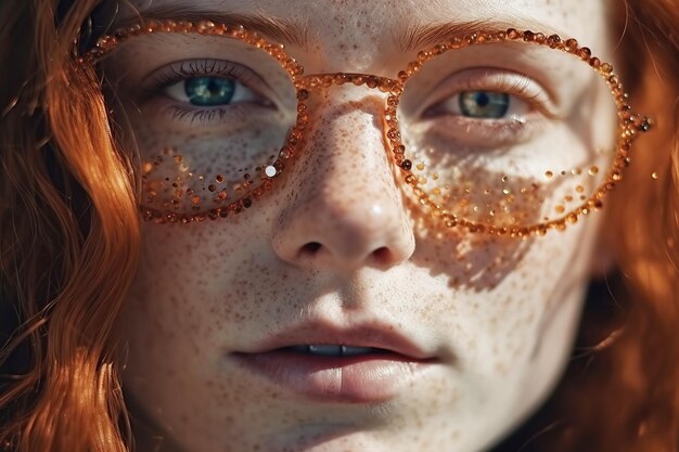 Retrato em close-up de mulher com sardas no rosto