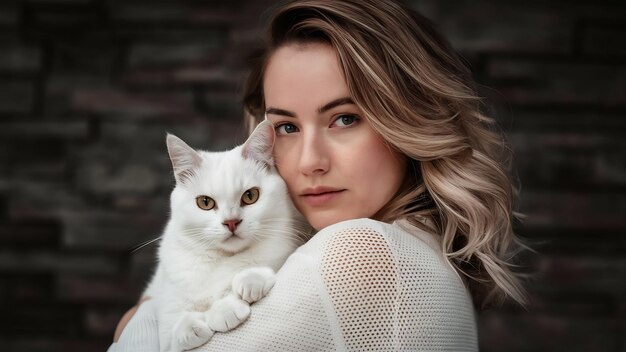 Retrato em close-up de mulher de camisola branca com gato branco