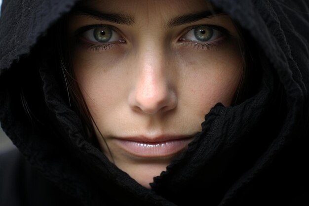 Retrato em close-up de mulher de casaco preto