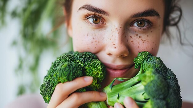 Foto retrato em close-up de mulher jovem e atraente com brócolis frescos nas mãos conceito de comida saudável