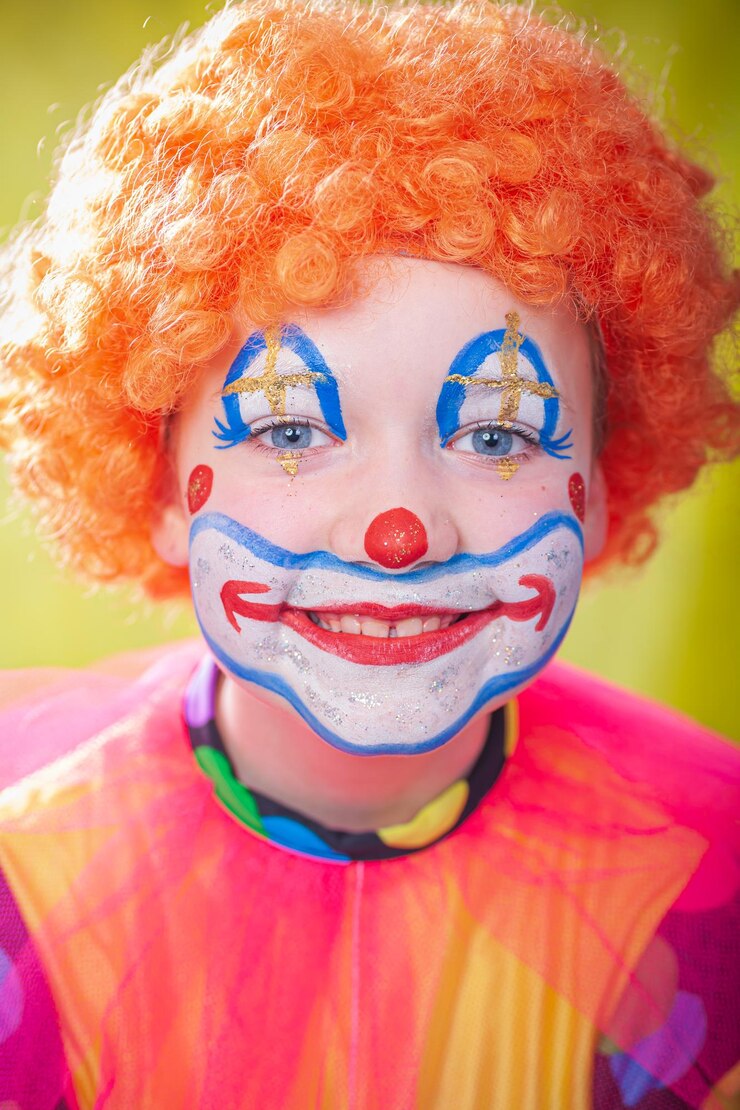 Foto retrato em close-up de mulher sorridente com rosto pintado vestindo traje de palhaço